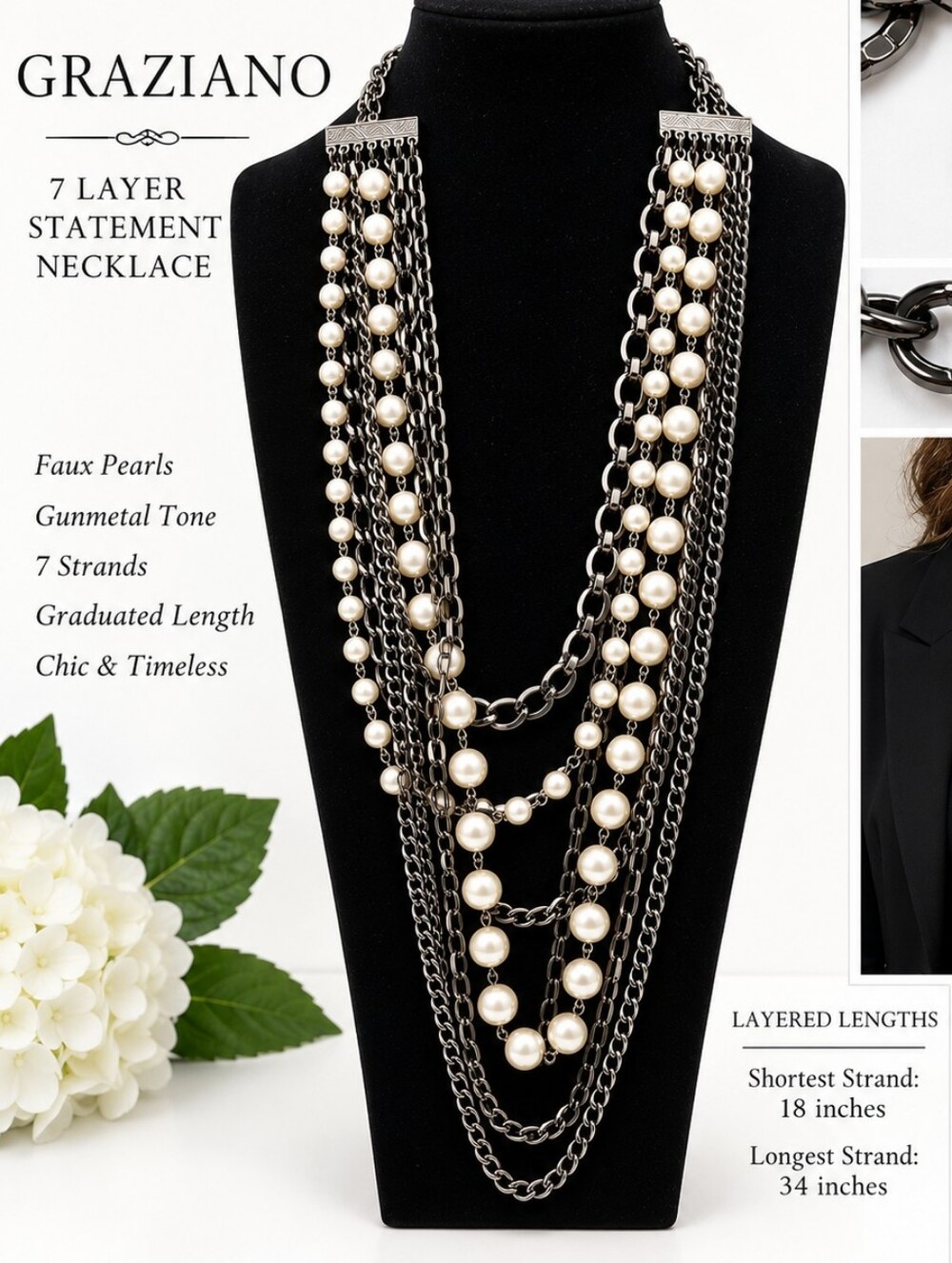 Graziano 7-Strand Faux Pearl & Gunmetal Chain Statement Necklace 18–34”